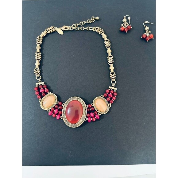 Chico's Jewelry - Chico's Statement Necklace Earring Set Gold Tone Beaded Cabochon Costume Jewelry